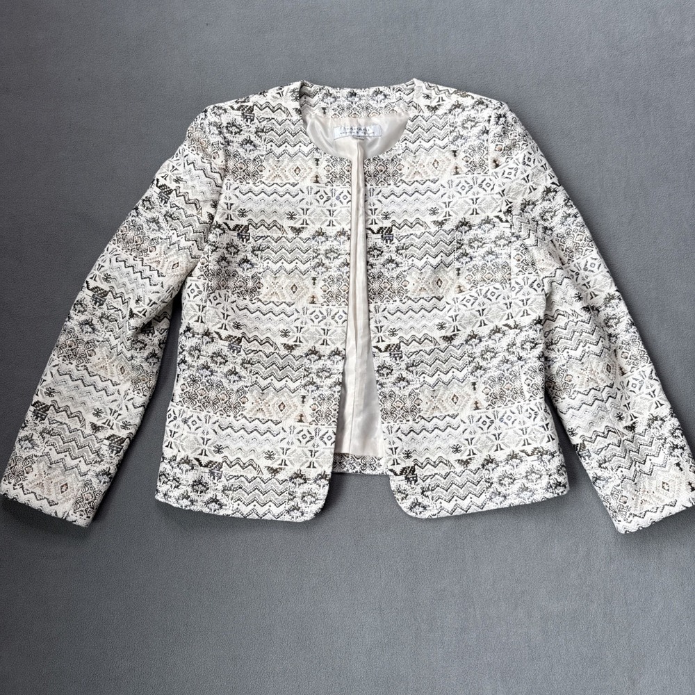 Tahari Arthur Levine Jacket‎ Womens 12 Cream Multicolor Textured Lined Cropped